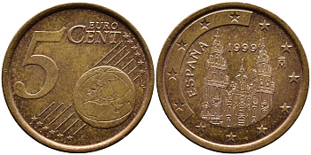 ИСПАНИЯ 5 ЕВРОЦЕНТОВ 1999 KM 1042 сталь плакированная медью 4391-141