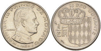 Монако 1/2 франка 1968 Ренье III (1949-2005) KM 145 никель190-522