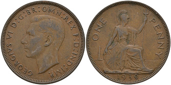 Великобритания 1 пенни 1939 Георг VI (1936-1952) KM 845, Spink 4114 бронза 4144-913