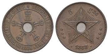 Бельгийское Конго 5 сантимов 1888 Свободное государство Конго, Леопольд II (1865-1909) KM 3 медь 1518-1224