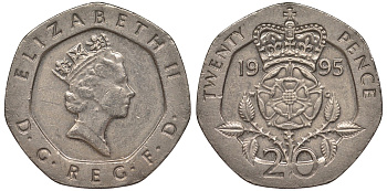 Великобритания 20 пенсов 1995 Елизавета II (1952-2022) KM 939, Spink 4361 (G2) медно-никель 4122-1126