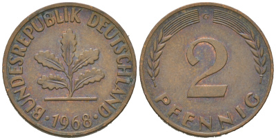 ФРГ 2 пфеннига 1968 G, из ролла J 381, KM 106 бронза  aUNC  M33-05