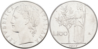 ИТАЛИЯ 100 ЛИР 1977 R , АФИНА KM 96.1 нержавеющая сталь 3855-822