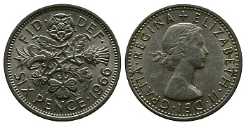Великобритания 6 пенсов 1966 Елизавета II (1952-2022) KM 903, Spink 4149 медно-никель 4381-852