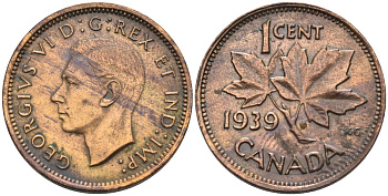 Канада 1 цент 1939 Георг VI (1937-1952), кленовый лист KM 32 бронза 4594-361