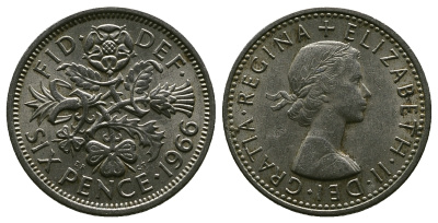 Великобритания 6 пенсов 1966 Елизавета II (1952-2022) KM 903, Spink 4149 медно-никель 4381-852