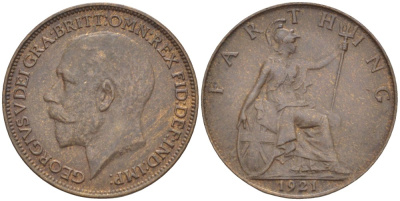 Великобритания 1 фартинг 1921 Георг V (1910-1936) KM 808.2, Spink 4060 бронза 4543-1021