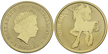 Австралия 1 доллар 2011 серия мифические существа, единорог KM 1588 алюминиевая бронза UNC M42-04