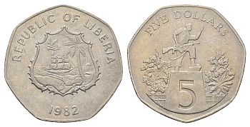 Либерия 5 долларов 1982 KM 44 медно-никель 4672-1021