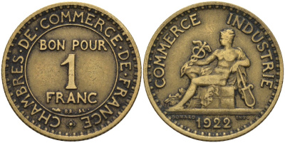 Франция 1 франк 1922 KM 876, Le Franc 218.5 алюминиевая бронза 4142-621