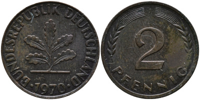 ФРГ 2 пфеннига 1970 J KM 106а, J.381а сталь плакированная медью 99-166