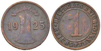 Германия 1 рейхспфенниг 1925 A KM 37 бронза 4617-355