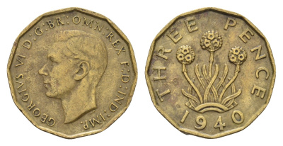 Великобритания 3 пенса 1940 Георг VI (1936-1952) KM 849, Spink 4112 никель латунь 4116-645