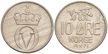 НОРВЕГИЯ 10 ЭРЕ 1971 ОЛАФ V KM 411 медно-никель aUNC 187-757