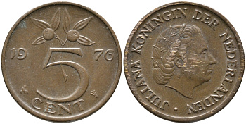 Нидерланды 5 центов 1976 Юлиана (1949-1980) KM 181 бронза 65-1222
