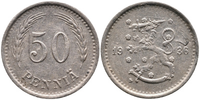 ФИНЛЯНДИЯ 50 ПЕННИ 1936 S KM 26 медно-никель 4387-526