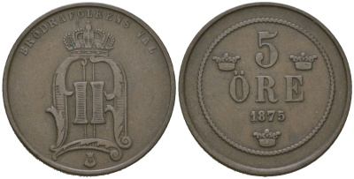 Швеция 5 эре 1875 Оскар II (1872-1907) KM 736 бронза 4175-612