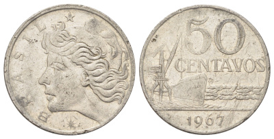 Бразилия 50 сентаво 1967 год-тип KM 580 медно-никель 4128-1115