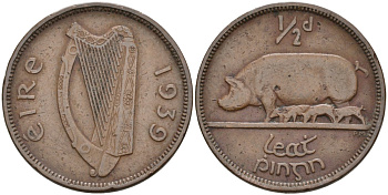 Ирландия 1/2 пенни 1939 свинья с поросятами KM 10 бронза 4561-1127