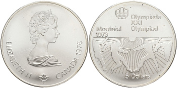 Канада 5 долларов 1976 XXI летние Олимпийские игры в Монреале 1976 года, фехтование KM 107 серебро UNC 02-251-55