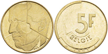 БЕЛЬГИЯ 5 ФРАНКОВ 1993 BELGIE, БОДУЭН I (1951-1993) KM 164 латунь или алюминиевая бронза 4364-1853