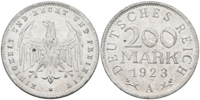 Германия 200 марок 1923 A KM 35, J. 304, Weege 22 алюминий UNC 4586-246