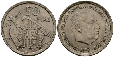 Испания 50 песет 1957 Франсиско Франко (1939 - 1975) KM 788 медно-никель 4168-1013