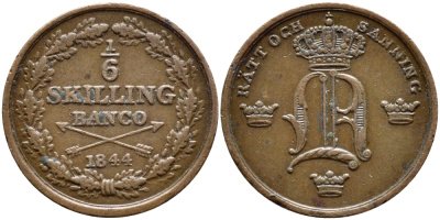 Швеция 1/6 скиллинга 1844 Оскар I (1844-1859) KM 656 медь 4396-222