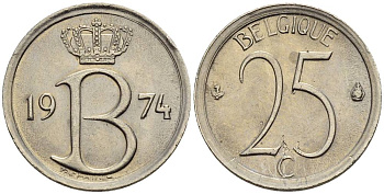 БЕЛЬГИЯ 25 САНТИМОВ 1974 BELGIQUE KM 153.1 медно-никель 4528-1027