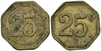 Франция 25 сантимов XIX-XX век ресторанный жетон латунь 4166-612