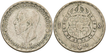 Швеция 1 крона 1946 TS, Густав V (1907-1950) KM 814 серебро 3457-615