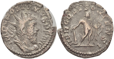 Римская Империя (императоры в Галлии) антониниан 260 - 269 Постум. IMP C POSTVMVS P F AVG / HERC DEVSONIENSI, Геркулес с палицей, луком и львиной шкурой, Колония Агриппины, Good Very fine RIC 64 биллон 1073-12-11