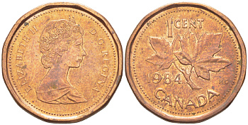КАНАДА 1 ЦЕНТ 1984 КЛЕНОВЫЙ ЛИСТ, ЕЛИЗАВЕТА II (1953-) KM 132 бронза 39-1229