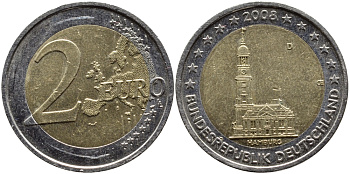 ФРГ 2 евро 2008 D, серия федеральные земли, церковь Св. Михаила в Гамбурге KM 261 биметалл 4390-1057