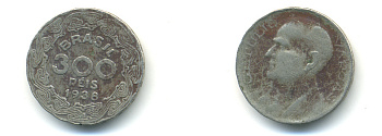 БРАЗИЛИЯ 300 РЕЙС 1938 ЖЕТУЛИО ВАРГАС KM 546 медно-никель 89-1345