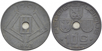 БЕЛЬГИЯ 10 САНТИМОВ 1943 BELGIE-BELGIQUE KM 126 цинк 4529-311