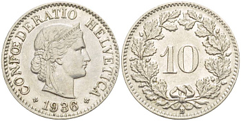 ШВЕЙЦАРИЯ 10 РАППЕНОВ 1936 В KM 27 медно-никель 216-1226