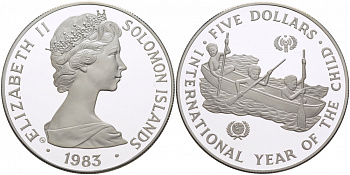 Соломоновы острова 5 долларов 1983 Международный год детей, тираж 5775 экземпляров KM 16 серебро PROOF 04-311-23