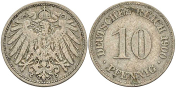 ГЕРМАНИЯ 10 ПФЕННИГОВ 1900 D KM 12, J. 13 медно-никель 4401-1213