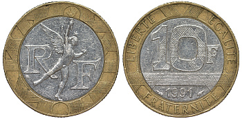 Франция 10 франков 1991 тип гений Бастилии KM 964.1, Le Frank 375.6 биметалл 45-834