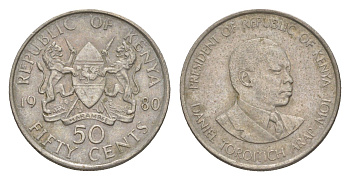 Кения 50 центов 1980 Дэниэл арап Мои KM 19 медно-никель 4613-326