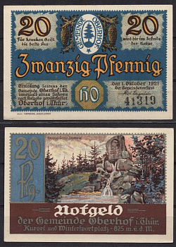 Германия, Оберхоф 20 пфеннигов 1921 Нотгельд, юбилейный выпуск Gra 996.4-6/18 бумага 7555-51-1-2
