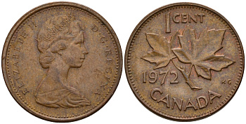 Канада 1 цент 1972 Елизавета II (1952-2022), кленовый лист KM 59.1 бронза 4189-528