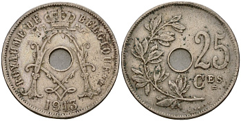 Бельгия 25 сантимов 1913 Belgique KM 68 медно-никель 27-645