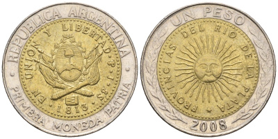 Аргентина 1 песо 2008 майское солнце, 8 эскудо 1813 KM 112.1, CJ 6.15, Schon 113  биметалл    60-615