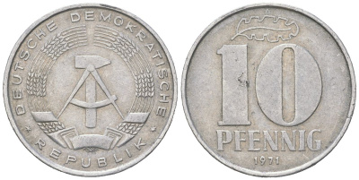 ГДР 10 пфеннигов 1971 A KM 10 алюминий 201-1013