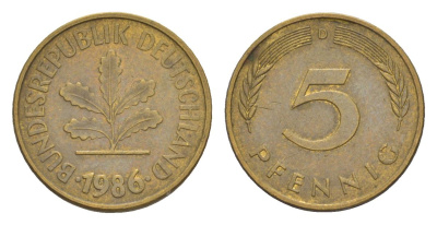 ФРГ 5 пфеннигов 1986 D KM 107, J. 382 сталь плакированная латунью 4630-1247