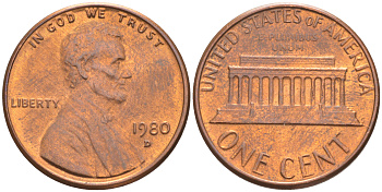 США 1 цент 1980 D, Авраам Линкольн KM 201 медь цинк UNC 187-735