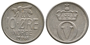 Норвегия 10 эре 1968 пчела, Улаф V (1958-1991) KM 411 медно-никель 220-463