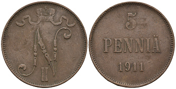 Россия для Финляндии 5 пенни 1911 Николай II (1894-1917) KM 15, Биткин 451 медь 85-321